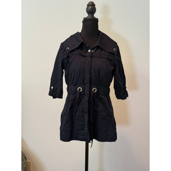 Tulle Jackets & Blazers - Tulle Navy Safari Jacket with Gathered Waist and 3/4 Sleeves